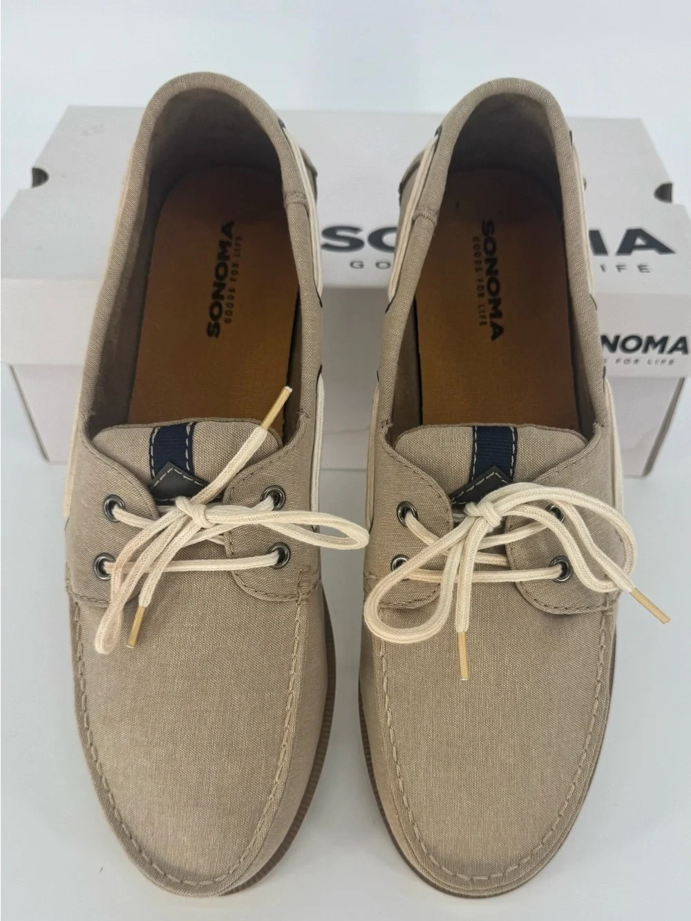 Sonoma Men's Tan Canvas Boat Shoe with Cream Laces Size 13